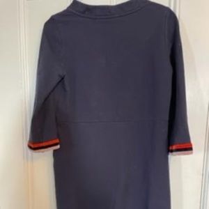 Boden Blue Dress with red, blue, pink velour stripes on sleeves, pockets size 4